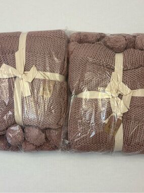 Lot of 2 Karma Chunky Knit Pom Pom Throw Blanket 50 x 60 in Mauve